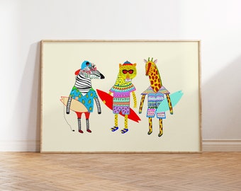 Animal Surfer Art Print For Kids and Nursery Rooms by Ashley Percival - Colorful Wall Decor For Children