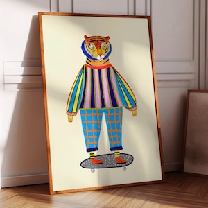 Impresión artística de tigre hipster, arte de pared para niños, decoración de habitación infantil, sala de juegos, regalo para niños, animales, colorido, genial, patineta, cumpleaños