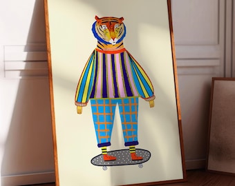 Hipster Tiger Art Print, Kids Wall Decor, Children's Playroom, Birthday Gift, Boys and Girls, Skateboarding
