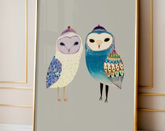 Barn Owls Art Print For Her - Unique Home Decoration For Mom - Whimsical Wall Decoration Poster For Bedroom - Colorful Bird Artwork