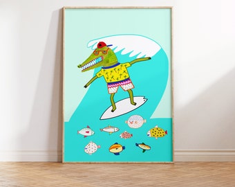 Surfing Art Print - The Coolest Surfing Art For Kids Room and the Nursery - Boy Surf Art Print - Surfing Poster Illustration for Children