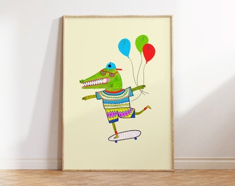 Crocodile Skateboarding with balloons.  Art Print for Kids - Children's Decor - Skateboard Art - Crocodile Art Print.