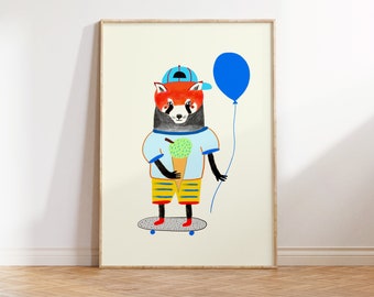 Stampa artistica di panda rosso per bambini e asili nido - Decorazione da parete con illustrazione di animali per bambini per la sala giochi - Stampe d'arte da parete alla moda