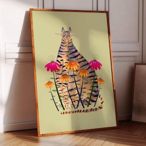 Tabby Cat Art Print, Home Decor for Kitchen, Bedroom, Living Room, Entryway, Housewarming, Flowers Wall Art, Gift For Her, Cats Illustration