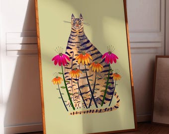 Tabby Cat Art Print, Home Decor, Floral Illustration, Flowers, Gift for Her