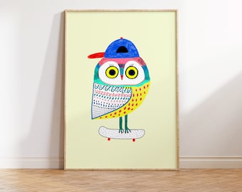 Owl Skater Art Print For Children's and Kids Rooms - Home Decor - Art Print - Boys Wall Decor - Owl Illustration Wall Art - Gift For Kids