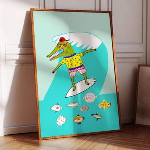 Impresión artística de cocodrilo surfeando, decoración de pared infantil, sala de juegos infantil, póster de surf, arte marino, océano, regalo de cumpleaños para niños, habitación infantil