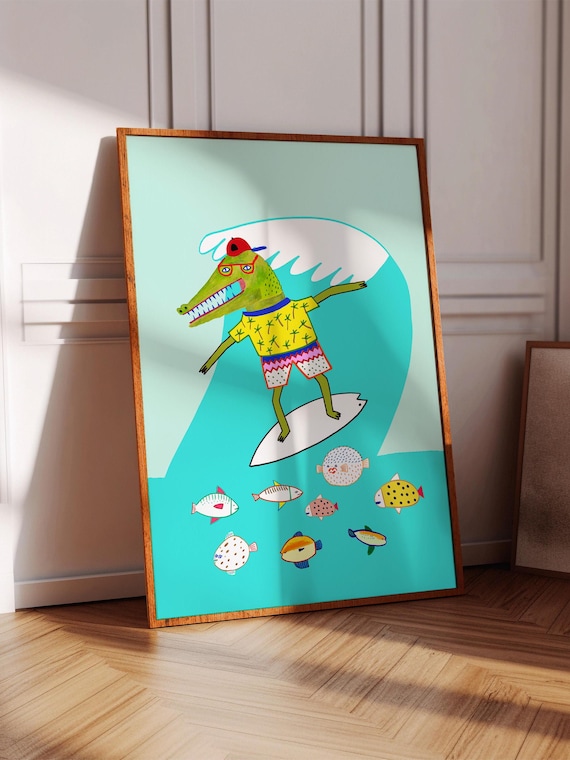 Crocodile Surfing Art Print: Nursery Wall Decor, Children's Playroom, Colorful Illustration for Kids, Cool Boys Birthday, Christmas Gift