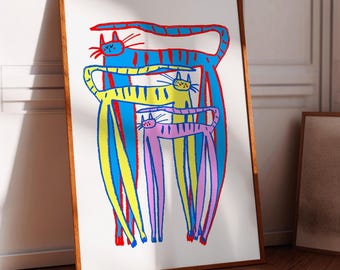 Colorful Cat Family Art Print: Whimsical Home Decor