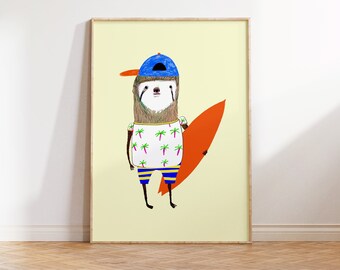 Surf Sloth. Art Print for Kids - Nursery Decor - Surf Poster - Surfing Art - Surf Print - Gift for Kids - Surfing Gifts.