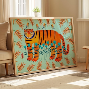 Decorazione murale per bambini con tigre e uccelli, stampa di animali per bambini, decorazione per la cameretta dei bambini, luminosa e colorata, baby shower, regalo di compleanno per bambini e bambine.