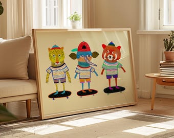 Quadro decorativo infantil com tema de skatistas, ideal para decoração de parede infantil, presente de aniversário ou Natal. Perfeito para quartos de meninos e meninas. Ideal para presentes de aniversário e Natal.