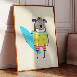 Lámina de arte de surfista koala, decoración de pared para niños, póster de surf, obra de arte de playa, regalo de cumpleaños, para niños, ilustración costera, playa, guardería