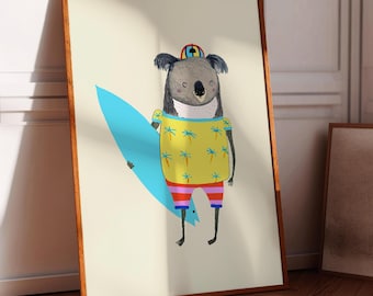Koala Art Print for Kids, Surf Wall Decor, Playroom, Boys Birthday Gift