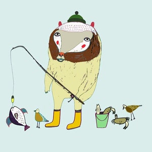 The Fishing Bear. Kids decor nursery prints art print for children fishing illustration art fishing art. image 2