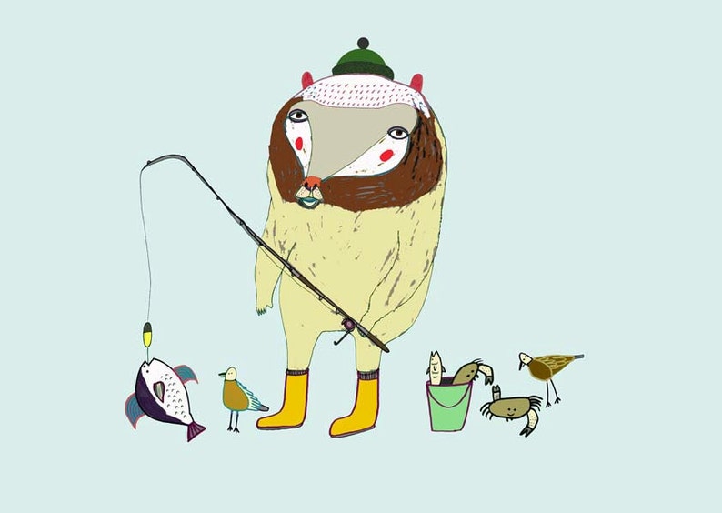 The Fishing Bear. Kids decor nursery prints art print for children fishing illustration art fishing art. imagem 2