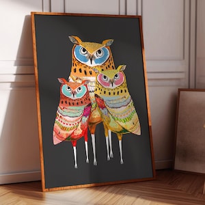 Lámina artística de búhos, decoración caprichosa para el hogar, regalo para ella, cocina, dormitorio, baño, sala de estar, entrada, inauguración de la casa, técnica mixta
