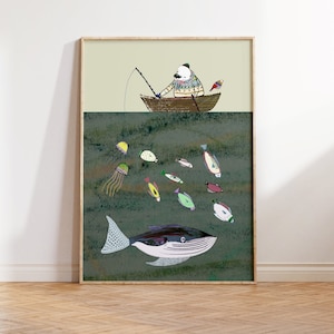 May include: A framed illustration of a bear in a boat fishing. The bear is wearing a striped sweater and a hat. The boat is brown and has a fishing rod sticking out of it. There are fish and jellyfish in the water below the boat. A whale is swimming in the water below the boat. The background is a light green color.