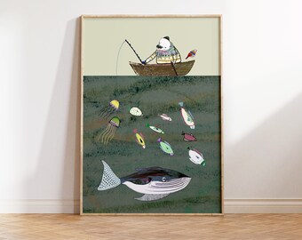 Polar Bear Fishing with Whale Art Print For Nursery and Children's Bedrooms - Cute Animal Wall Decor For Kids and Baby Shower Gifts