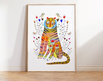 Tiger Art Print - The Perfect Wall Decor Gift For Children's, Nursery, Baby and Her - Animal Prints - Colorful - Pretty Flowers