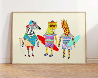 Impression d'art cool animaux surfeurs pour enfants par Ashley Percival