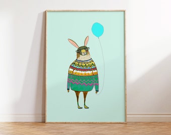 Rabbit and Balloon - Colorful Rabbit Art Print for Nursery Room, Gift for Kids | Perfect Gift for Animal Lover & Kids - Birthday Balloon art