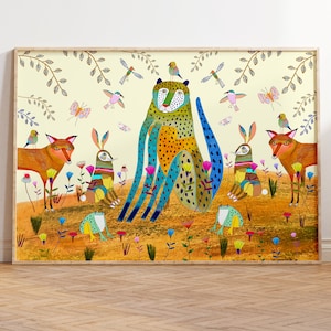 Animal Art Print For Children and Nursery Wall Decor Leopard and Hares in Nature Playroom Decoration For Toddler and Baby Rooms image 1