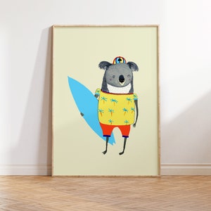 Koala Surfer - Cute Colorful Koala Art Print for Nursery Room, Surf Gift for Kids | Perfect Gift for Animal Lover & Children