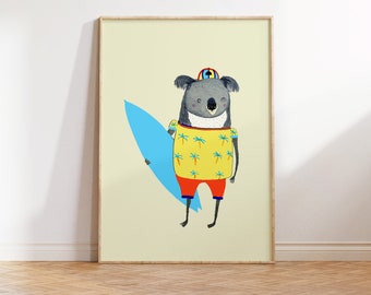 Koala Surfer - Cute Colorful Koala Art Print for Nursery Room, Surf Gift for Kids | Perfect Gift for Animal Lover & Children