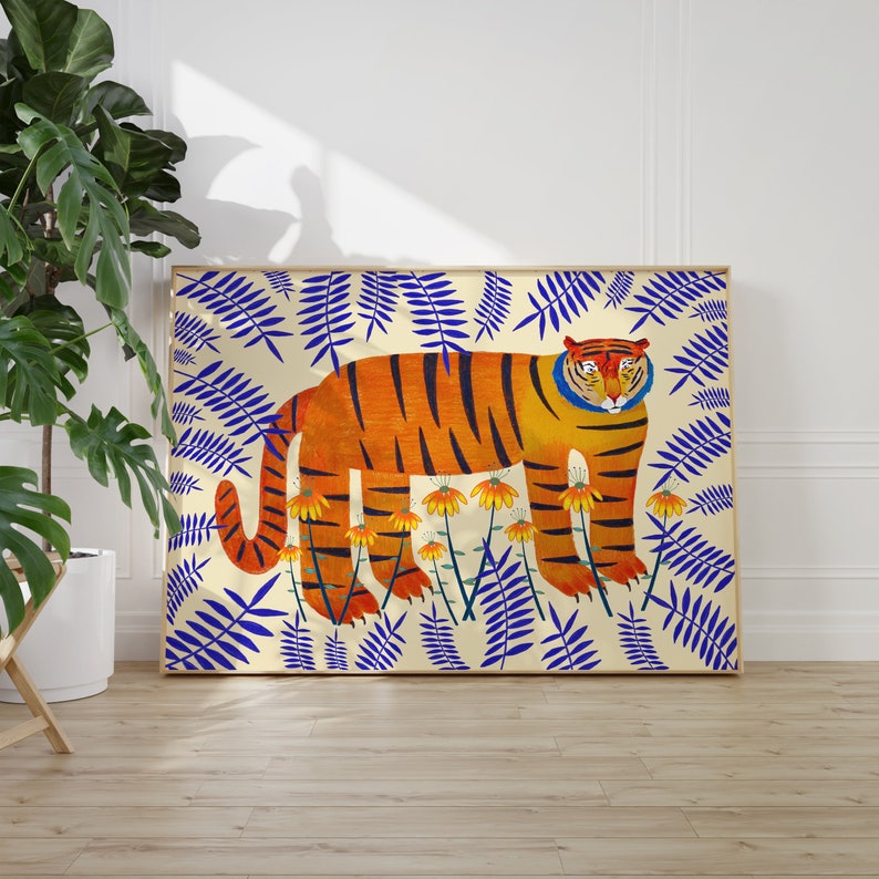 Tiger and Flowers Art Print Home Decor Illustration Poster Housewarming Gift for Her Colorful Nursery and Kids Decoration image 4
