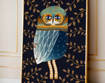 Owl At Night Art Print Illustration Home Decor For The Bedroom, Living Room and Kitchen