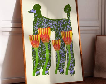 Poodle Art Print, Whimsical Dog & Flowers Illustration, Christmas Gift for Her, Floral Home Decor