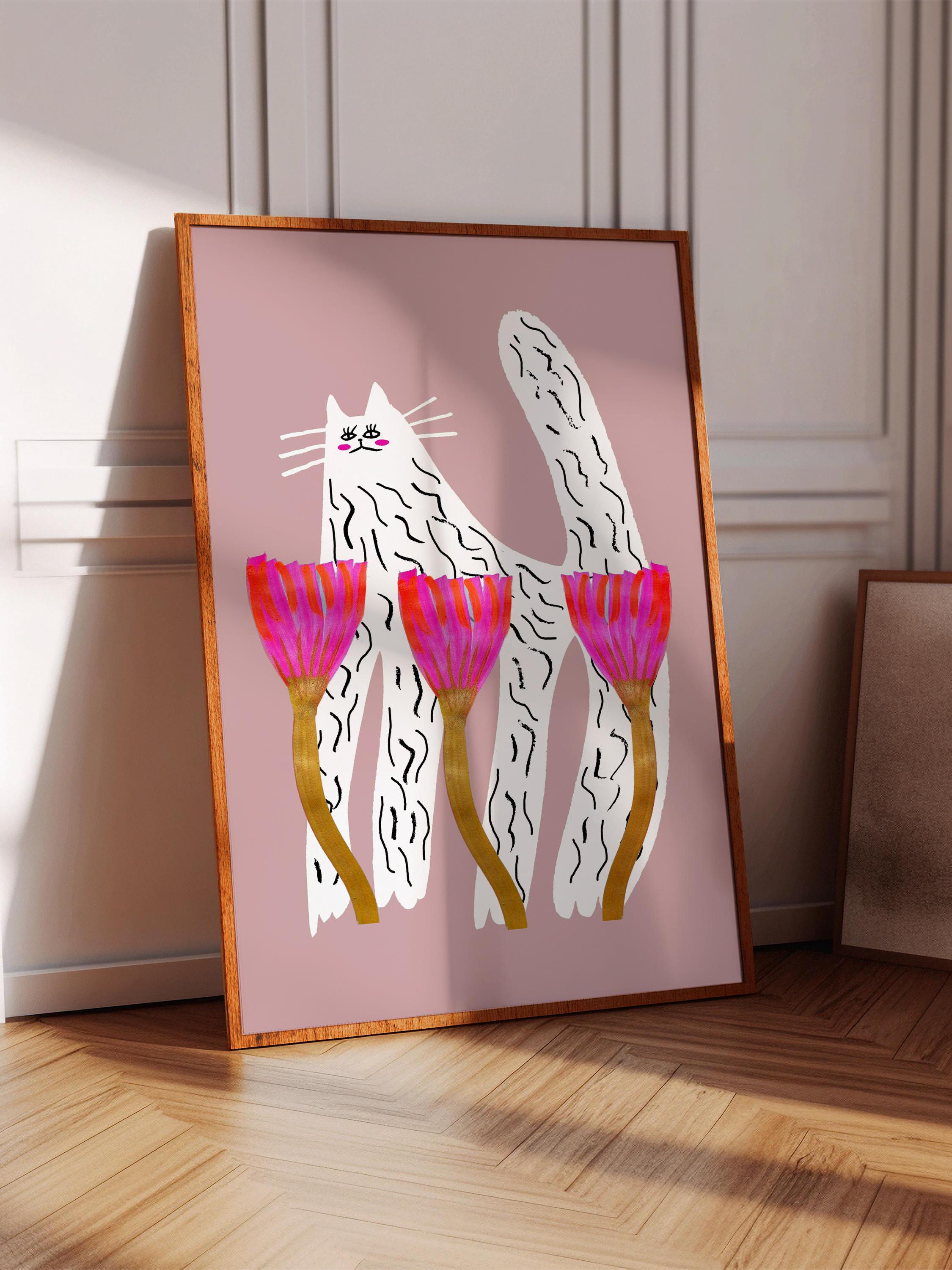 Cat Art Print: Pink Flowers, Whimsical Home Decor - Etsy