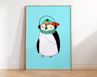 Cool Penguin with Headphones Art Print - The Coolest Wall Decor for Kids and Nursery Rooms - Penguin Art For Children - Music Art Print