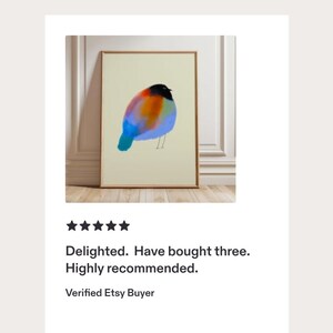 May include: A framed rectangular wall art print featuring a stylised, rounded bird illustration. The bird has a black head, a vibrant orange and red chest, and a blue tail and underbelly, set against a solid cream-coloured background.