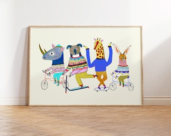 Cool Animals Art Print For Children's Room Decoration Gift - Fun and Colourful Wall Art for The Nursery - Boys and Girls Nursery Wall Decor