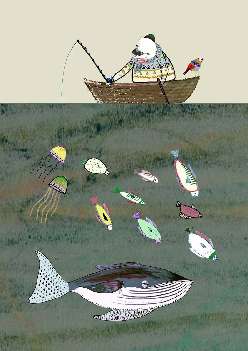 May include: A white bear wearing a colorful sweater sits in a brown boat with a red bird perched on the side. The bear is holding a fishing rod. Below the boat, a whale swims in a green and blue ocean with several colorful fish and jellyfish.