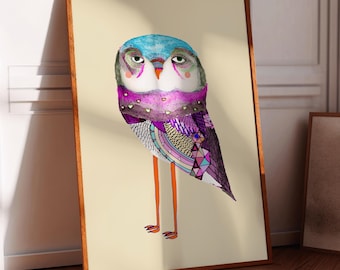 Mystical Owl Art Print, Whimsical Home Decor For Living Room, Kitchen, Bedroom, Housewarming, Office, Gift For Her, Owls Drawing, Colorful