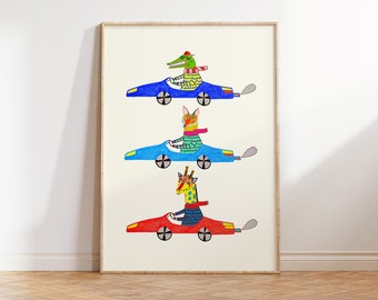 Kids Cars Art Print Illustration Poster - Car Wall Decor For Boys Room - Children's Wall Art Prints - Baby Shower Animal Decor Gift Idea