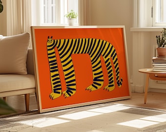 Calm Tiger Art Print, Bright Home Decor, Gift For Him/Her, Bedroom, Living Room, Kitchen, Office, Modern, Simple Stylish, Christmas, Orange