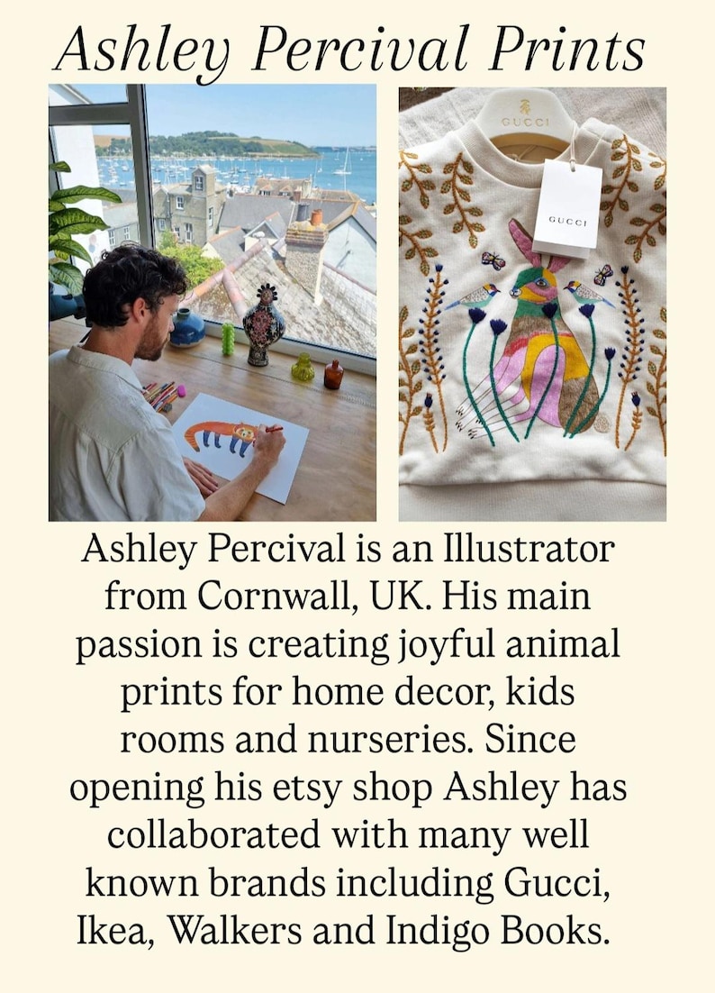May include: A cream-colored sweatshirt featuring an embroidered rabbit with colorful geometric patterns, surrounded by floral vines and small birds. The garment includes a white Gucci brand tag attached to the collar and gold-toned embroidery details.