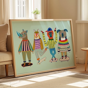 Lámina artística de amigos patinadores, arte mural infantil, regalo para niños, impresiones coloridas y brillantes, decoración infantil, póster azul para niños, ilustración, animal