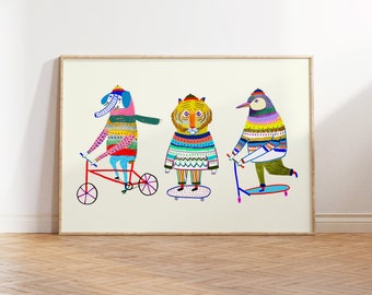 Bike Skate Scoot Animals Art Print For Kids and Nursery
