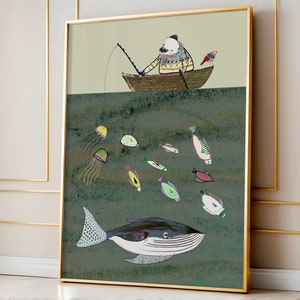 May include: A framed illustration of a polar bear wearing a sweater and a hat, fishing from a boat. The boat is floating above a green ocean with a whale swimming below. The ocean is filled with colorful fish and jellyfish.