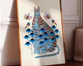 Tabby Cat Art Print, Home Decor, Floral Illustration, Whimsical