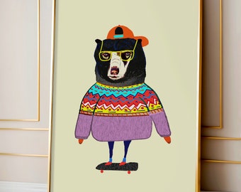 Bear Art Print For Children and Nursery Rooms - Skateboarding Wall Decor For Kids - Playroom Decoration - Gift For Boy