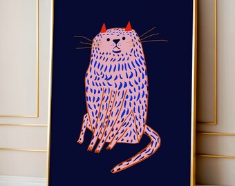 Cat Art Print - Woondecoratie - Cadeau voor haar - Roze wanddecoratie voor slaapkamer, woonkamer en keuken