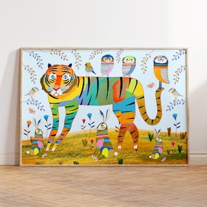 Rainbow Tiger and Owls Art Print For Nursery Decor