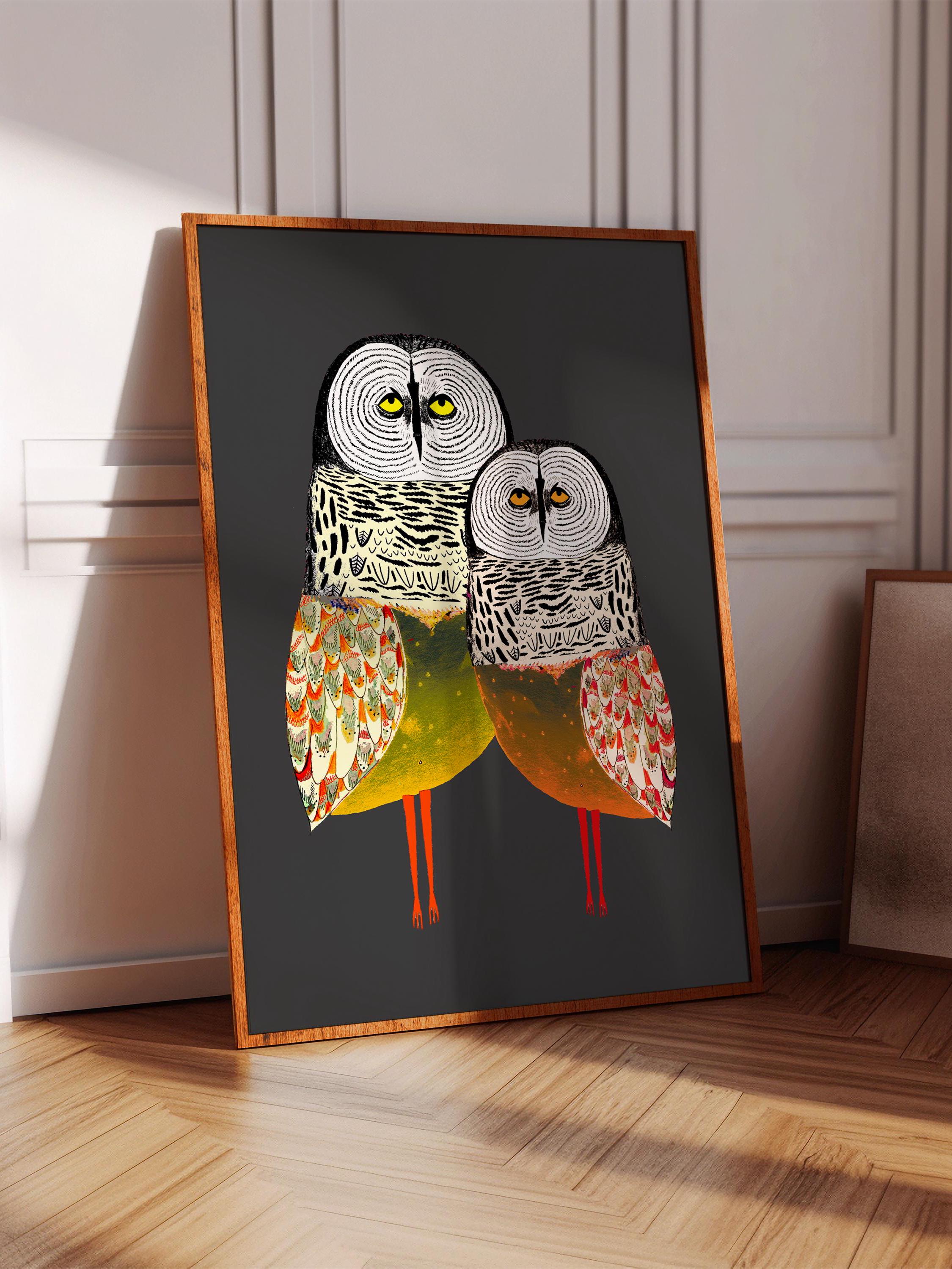 Golden Owls Art Print | Home Decor |Housewarming Gift | Whimsical Illustration | Unique Wall Decorat