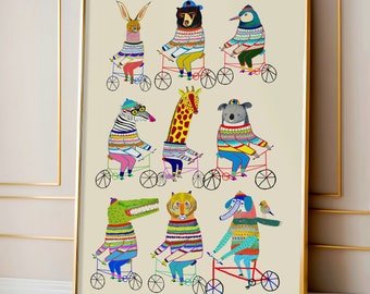 Bike Art Print For Children - Colorful Animals Wall Decor for Nursery and Children's Rooms - Kids Playroom Biking Poster